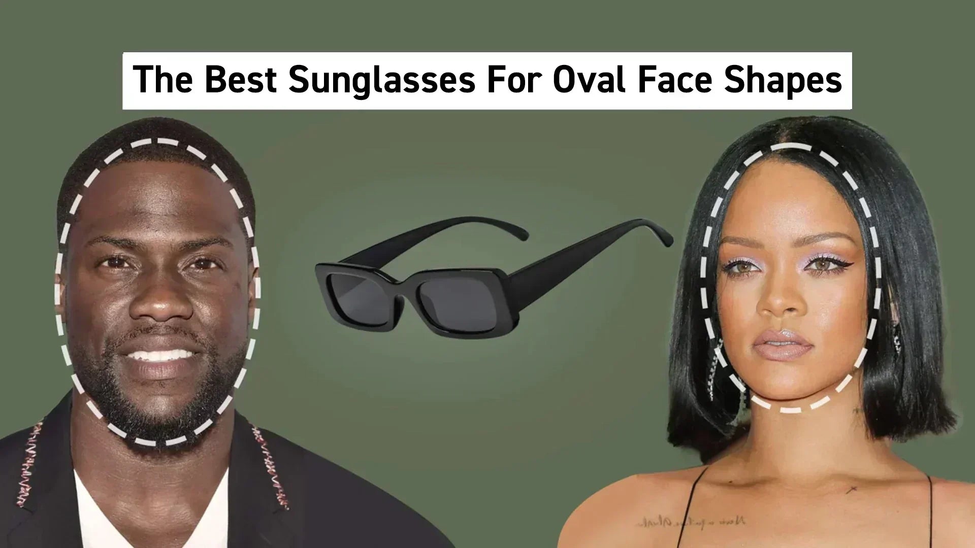 Infographic displaying two people with outlined oval face shapes alongside a pair of rectangular black frames, titled ‘The Best Sunglasses For Oval Face Shapes,’ highlighting sunglasses for oval face shape.