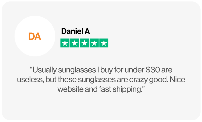Trustpilot review highlights cheap sunglasses that exceed expectations, offering surprisingly high quality under $30 with fast shipping.