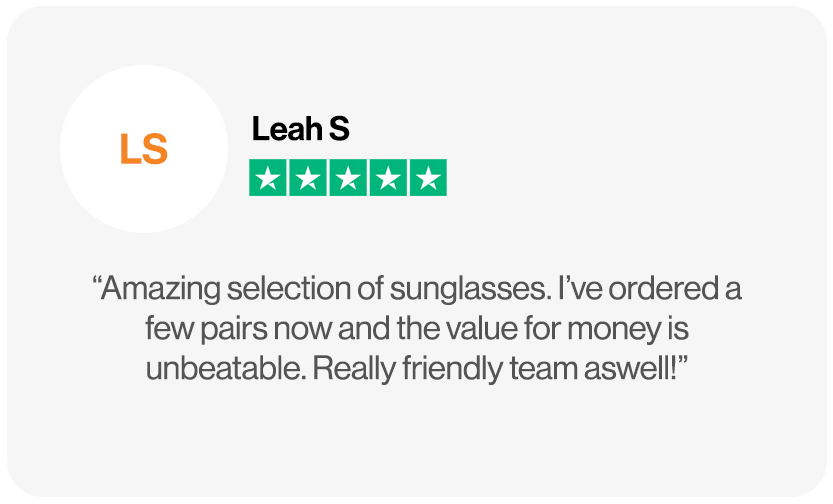 Trustpilot review from Leah S praising cheap sunglasses and friendly service, rated 5 stars.