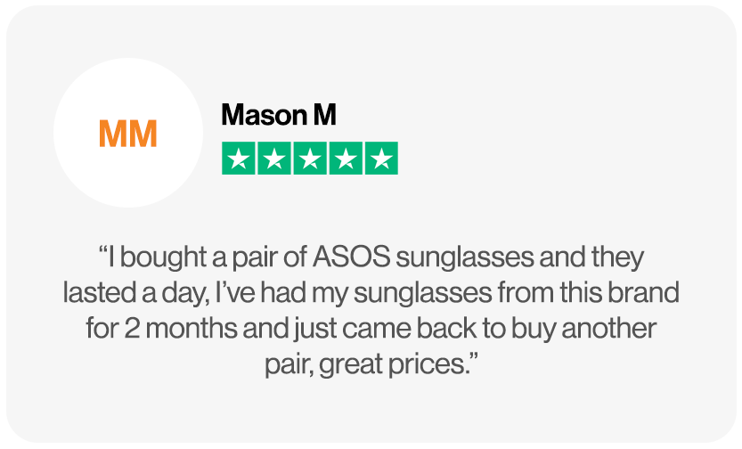 Trustpilot review from Mason M comparing TheShadePrjct's sunglasses to ASOS, highlighting better durability, lower price, and long-lasting quality.