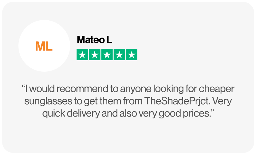Trustpilot review from Mateo L praising cheap sunglasses, quick delivery, and competitive prices.