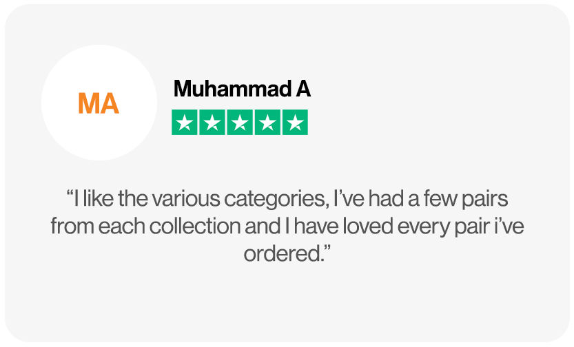 Trustpilot review from Muhammad A praising the variety of sunglasses and overall satisfaction with multiple purchases.