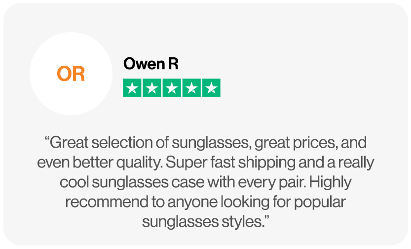 Customer review praising TheShadePrjct for their cheap sunglasses for men, highlighting fast shipping and quality styles.