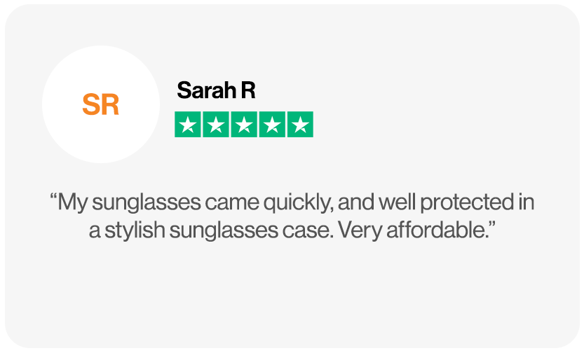 Trustpilot review from Sarah R praising cheap sunglasses with fast delivery and protective packaging.