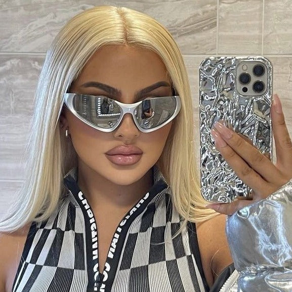 Shop 'Zenith' Rimless Y2K Sunglasses in Silver & Chrome