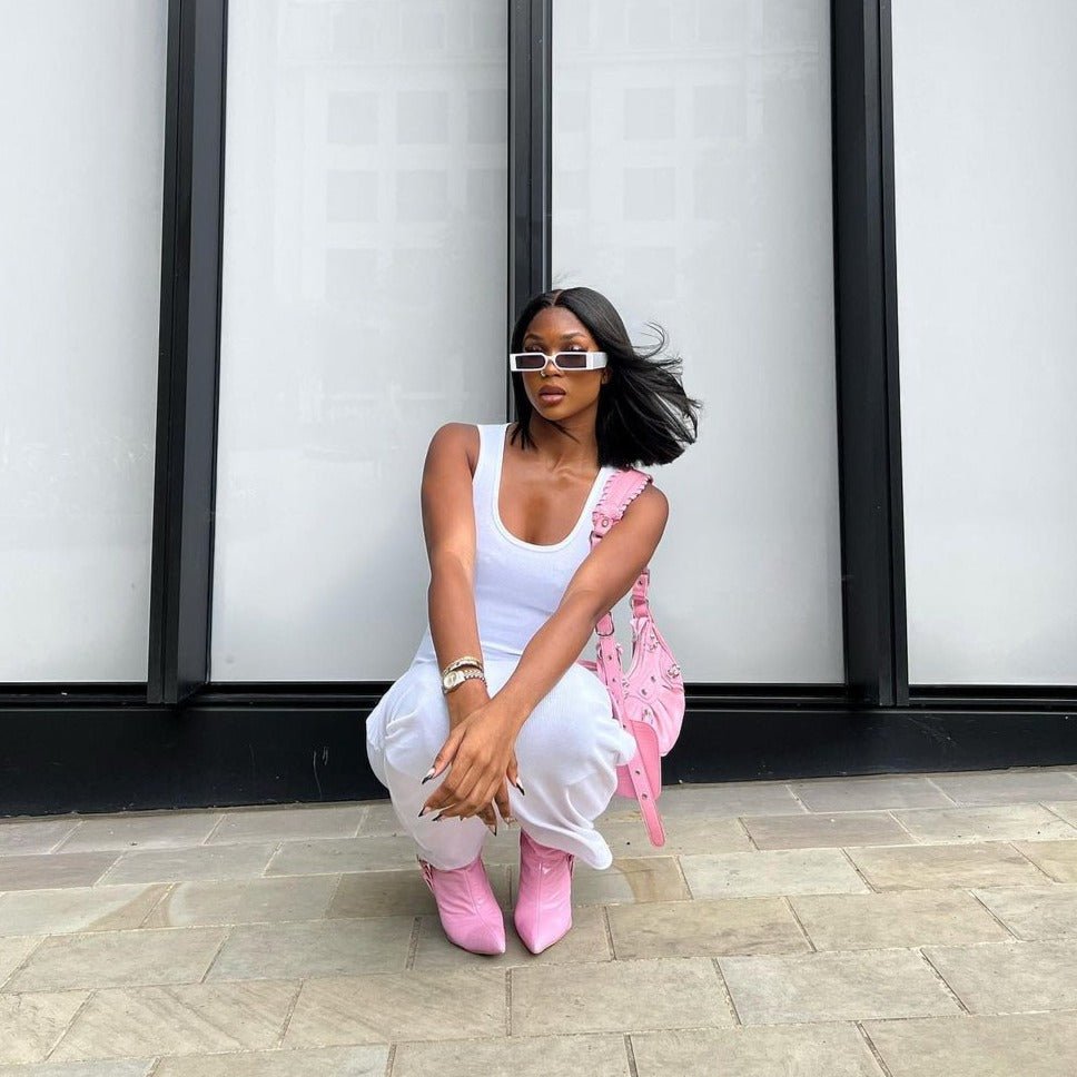 'Montreal' Retro Rectangle Sunglasses in White & Grey