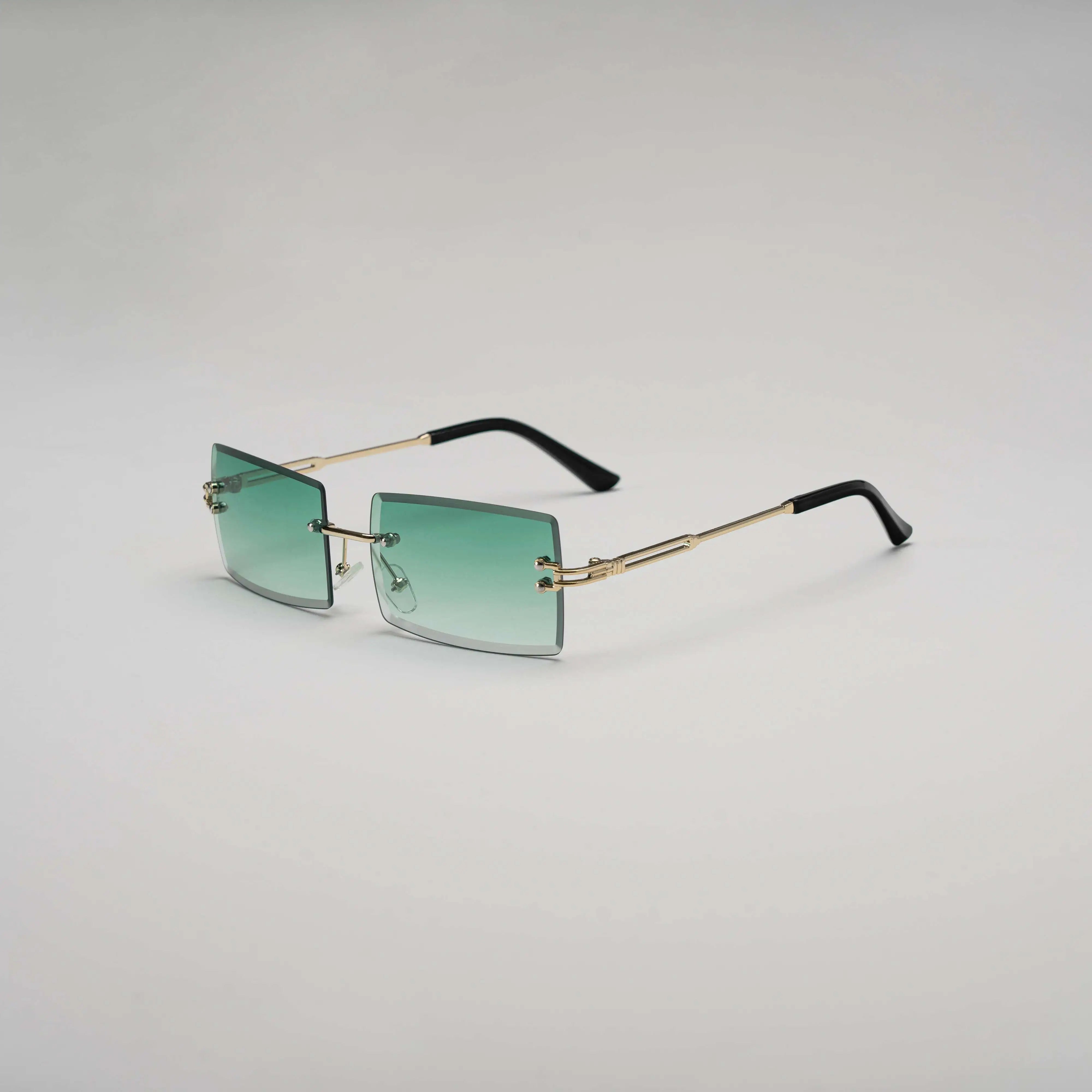 'E1' Rimless Sunglasses in Green & Gold