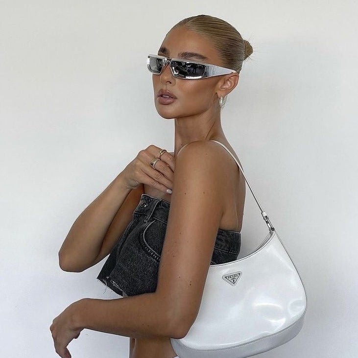 Shop 'Nova' Futuristic Y2K Sunglasses in Silver