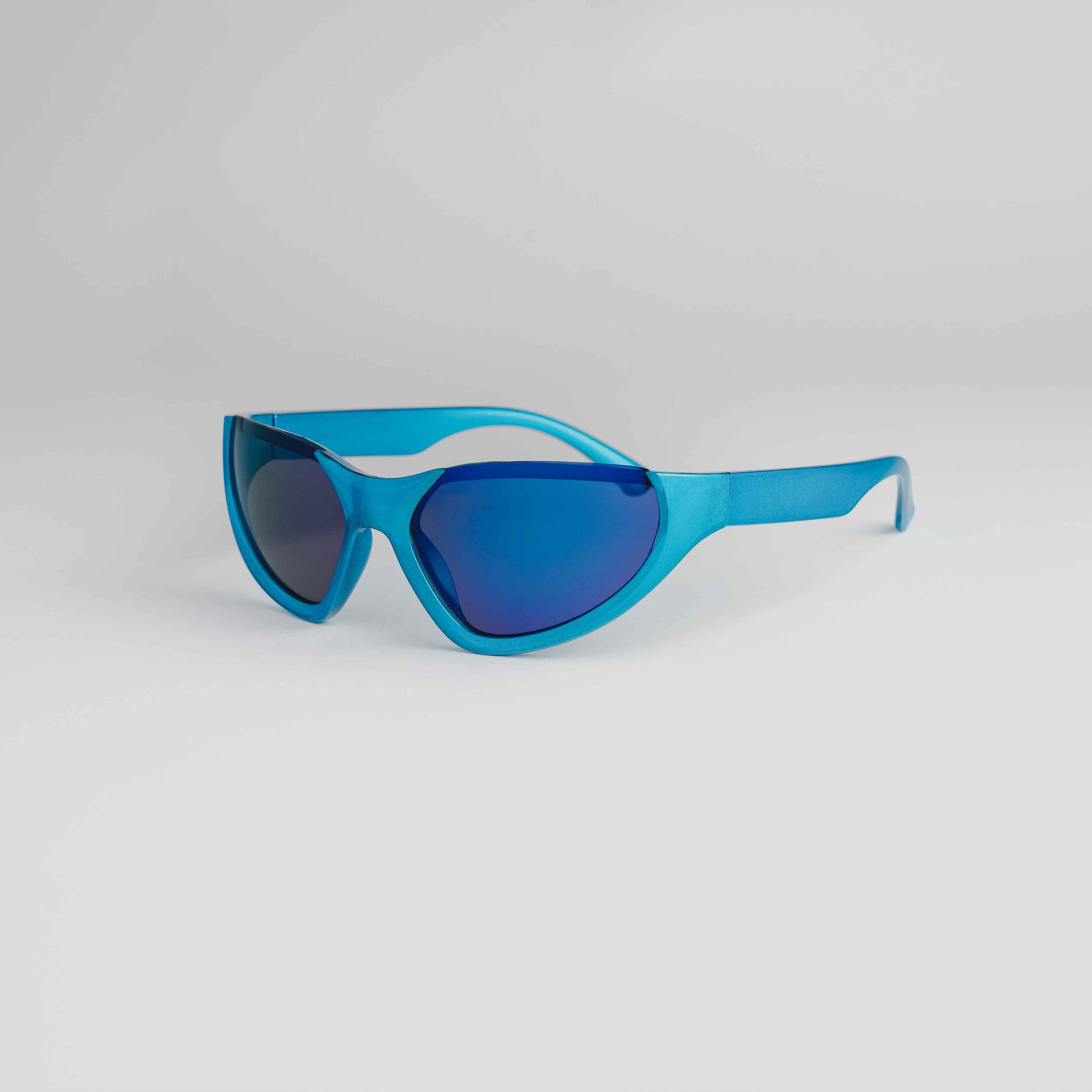 Shop 'Pluto' Rimless Y2K Sunglasses in Blue & Chrome